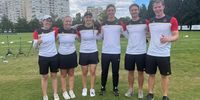 Foto: DSB / Schießen mit den Recurve-Teams um EM-Gold, v.l.: Elisa Tartler, Katharina Bauer, Charline Schwarz, Jonathan Vetter, Moritz Wieser und Mathias Kramer. 