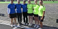 Foto: Eckhard Frerichs / Hier noch Seite an Seite, am Samstag gegeneinander: Charline Schwarz, Balbina Kellerer, Katharina Bauer von der BSG Raubling und Clea Reisenweber, Melina Koepper und Elina Idensen vom BSC BB-Berlin.