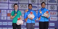 Foto: DSB / Das erste Siegertreppchen der WM bildeten v.l. Maria Atanasova/BUL, Sejal Kamble und Himanshi Himanshi/beide IND.
