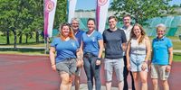 Foto: BSSB / Das BSSB-BSG-Olympia-Team vor der Abreise, v. l. Lorena Müller, Ralf Horneber (Golf), Ronja Reichlmayr, Tobias Hartl, Stefan Hess, Amanda Mikicz und Petra Horneber.
