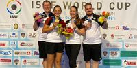 Foto: DSB / Gold für Christian und Sandra Reitz sowie Bronze für Doreen Vennekamp und Oliver Geis beim erstmals ausgetragenen Mixed mit der Schnellfeuerpistole.