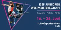 Das WM-Plakat zeigt mit Flinte, Gewehr und Pistole die drei Waffengattungen, mit denen in Suhl um insgesamt 41 Titel geschossen wird.